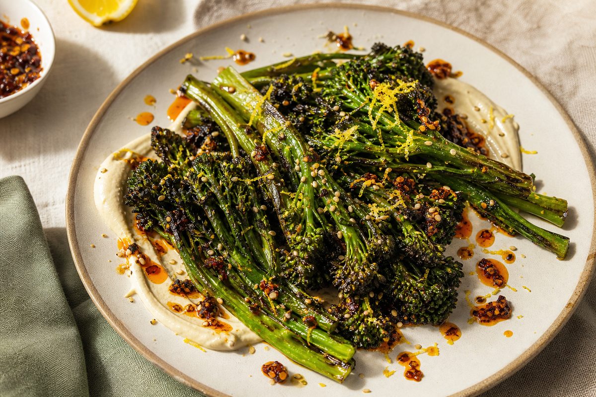 Charred Broccolini with Tahini, Lemon & BBQ Chili Crunch