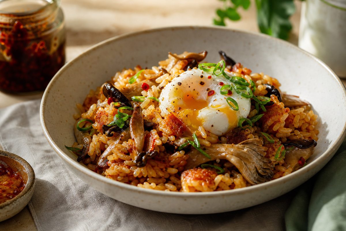 Crispy Gochugaru Butter Rice with Wild Mushrooms & Soft Egg