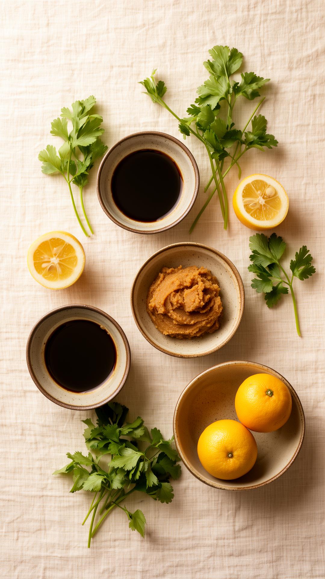 Overhead of artisanal sauce ingredients on linen